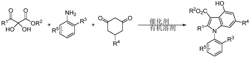 General reaction scheme showing the three-component synthesis of 1-aryl indole derivatives catalyzed by chiral spirophosphoric acid