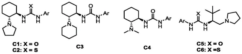 Structures of chiral bifunctional tertiary amine urea catalysts C1-C6