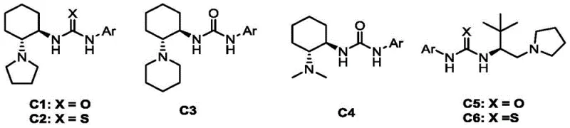 Structures of chiral bifunctional tertiary amine urea catalysts C1-C6 used in the asymmetric addition