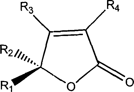 General molecular structure of optically active beta-aryl substituted-2(5H)-furanone showing variable substituents R1 to R4