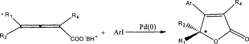 Reaction scheme showing Pd(0) catalyzed synthesis of optically active beta-aryl-2(5H)-furanone from aryl iodide and allenoic acid salt
