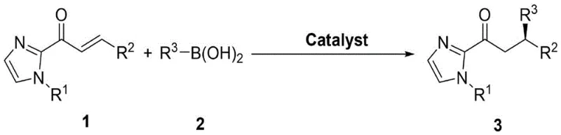 General reaction scheme for asymmetric conjugate addition of organoboronic acids to alpha,beta-unsaturated 2-acyl imidazoles