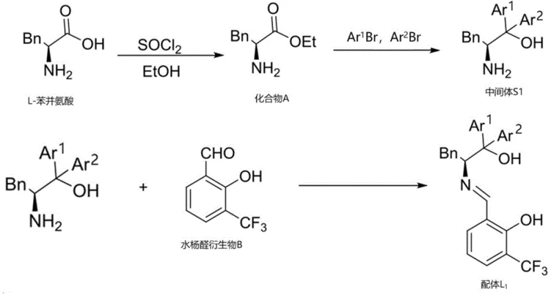 Synthetic route showing preparation of ligand L1 from L-phenylalanine through ethyl ester formation, Grignard reaction with aryl bromides, and condensation with salicylaldehyde derivative