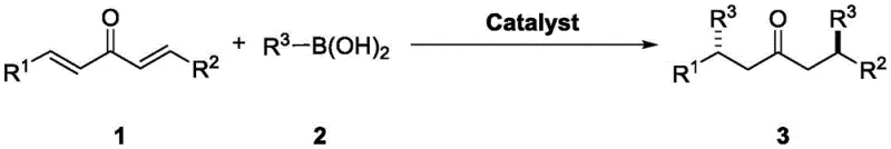General reaction scheme for asymmetric double conjugate addition of dienones and organoboronic acids