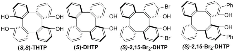 Structures of chiral tetrabenzocyclooctatetraene catalysts including S,S-THTP and S-DHTP derivatives