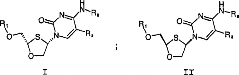 General chemical structures of optically active compounds Formula I and II showing the core oxathiolane nucleoside scaffold