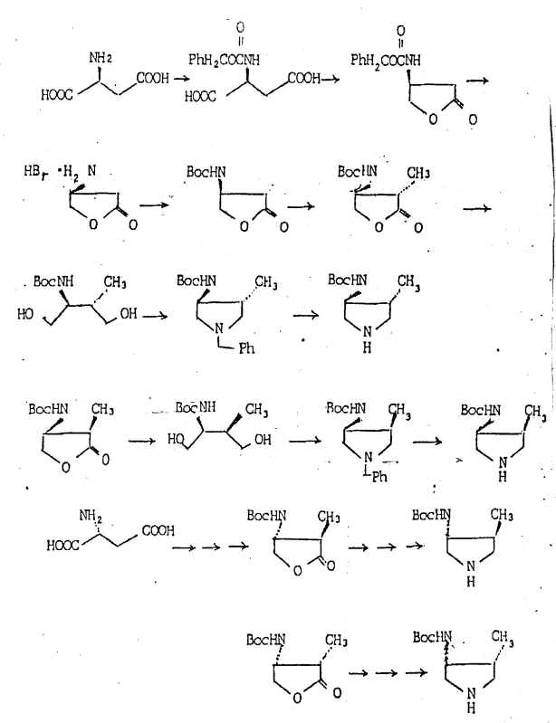 Reaction scheme showing the synthesis of 3(S)-[(tert-butoxycarbonyl)amino]-gamma-butyrolactone from L-Aspartic acid
