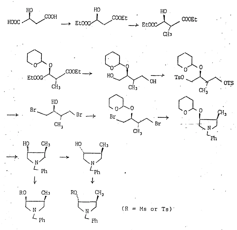 Reaction scheme showing the synthesis of pyrrolidine derivatives from L-Malic acid via diol intermediates