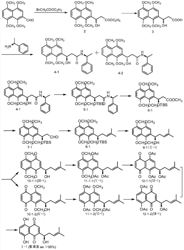 Downstream synthetic pathway converting resolved intermediates into final Shikonin and Alkannin structures