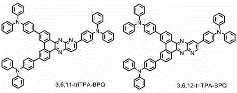 Chemical reaction scheme showing the two-step synthesis of 3,6,11-triTPA-BPQ and 3,6,12-triTPA-BPQ via condensation and Suzuki coupling