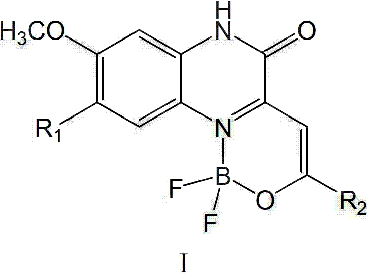 General structural formula I of the novel organic boron difluoride complex showing the N,O-bidentate coordination environment