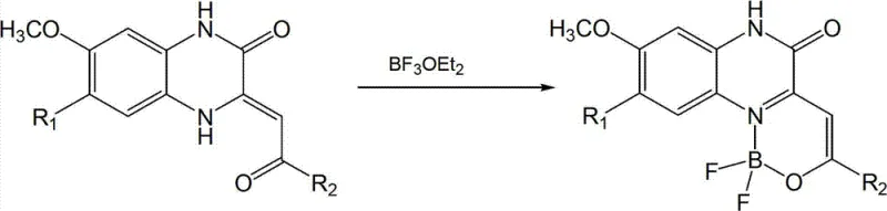 Chemical reaction scheme showing the conversion of ligand II to boron difluoride complex I using BF3OEt2