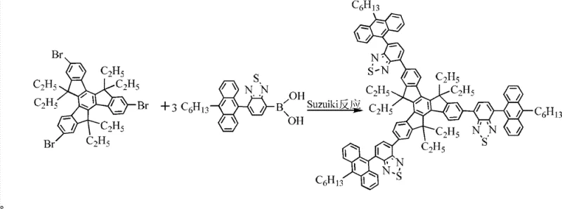 Specific synthesis route for Hexaethyl truxene derivative via Suzuki coupling