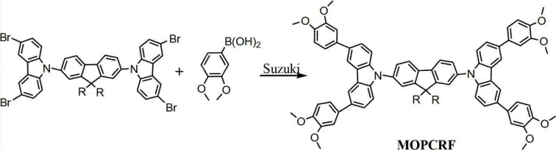 Suzuki coupling reaction scheme showing the synthesis of the organic semiconductor from bromo-precursor and boronic acid