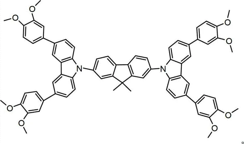 Chemical structure of MOPCMF showing the dimethyl fluorene core and methoxyphenyl substituents