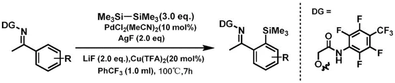 General reaction scheme for Pd-catalyzed ortho-C-H silylation of acetophenone derivatives using hexamethyldisilane