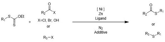 General reaction scheme for nickel-catalyzed organosulfur synthesis