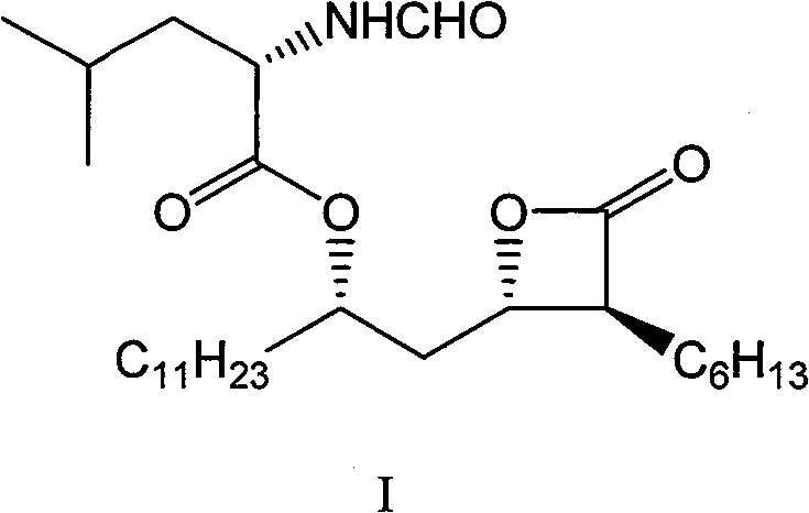 Chemical structure of Orlistat (Formula I) showing the beta-lactone core and fatty acid side chains