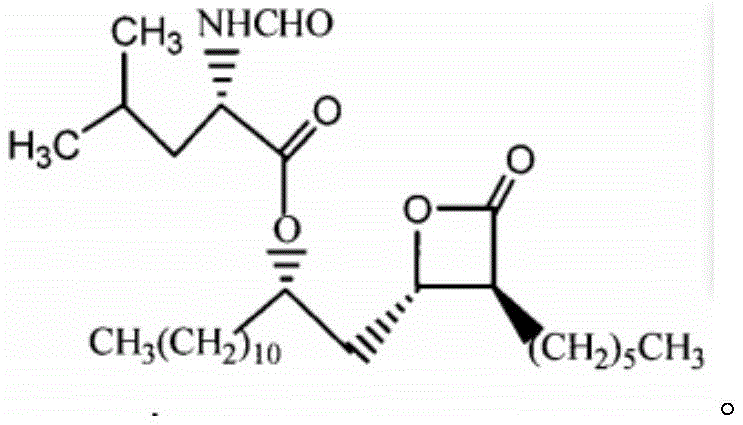 Chemical structure of Orlistat showing the complex ester linkage and beta-lactone ring