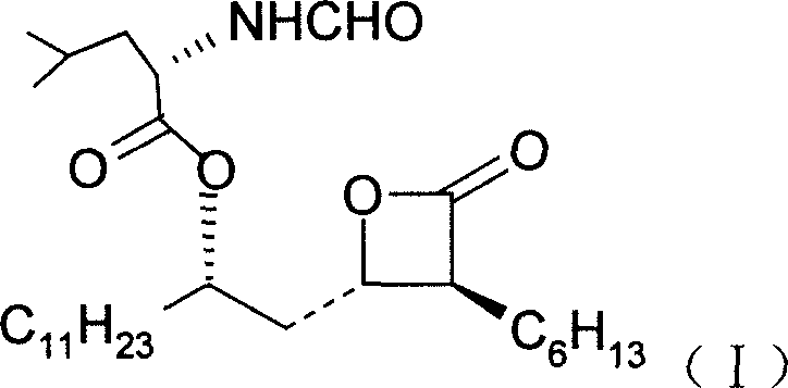 Chemical structure of Orlistat (Formula I) showing the beta-lactone core and fatty acid side chains