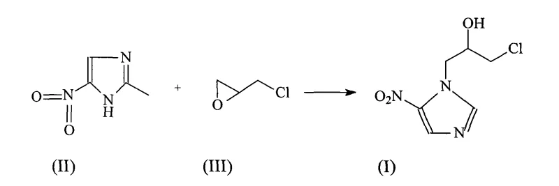 Reaction scheme showing the synthesis of Ornidazole (I) from 2-methyl-5-nitroimidazole (II) and epichlorohydrin (III) using BF3 catalyst