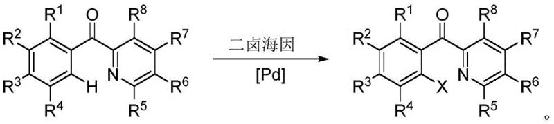 General reaction scheme showing Pd-catalyzed ortho-halogenation of phenylpyridyl ketone using dihalohydantoin