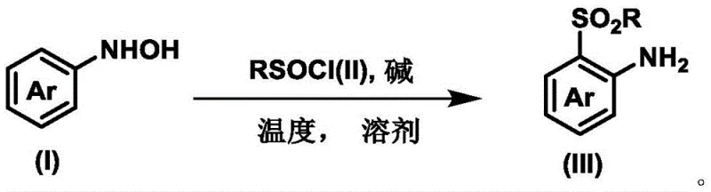 Core reaction scheme showing aryl hydroxylamine reacting with sulfinyl chloride to form ortho-sulfonylated arylamine