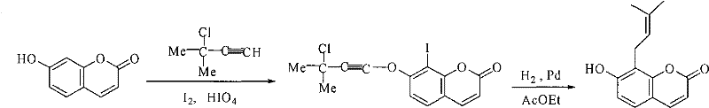 Conventional synthetic route for osthole derivatives showing complex multi-step reactions with low yields