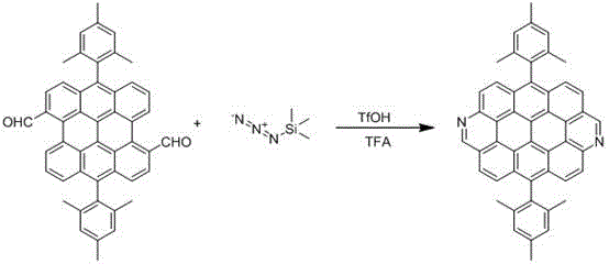 Reaction scheme showing the one-pot synthesis of Ovalene-2N from Bisanthene-2CHO and TMSN3 catalyzed by TfOH