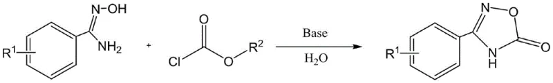 General reaction scheme for green synthesis of oxadiazole derivatives using N-hydroxybenzamidine and chloroformates in water