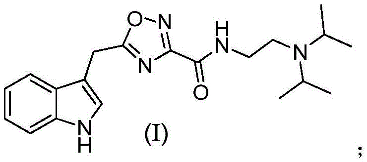 Chemical structure of 5-(1H-indole-3-methyl)-N-(2-diisopropylaminoethyl)-1,2,4-dioxazole-3-carboxamide (Formula I)