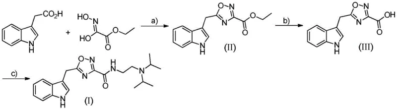 Overall synthetic route showing steps a, b, and c for preparing Formula I from indole-3-acetic acid