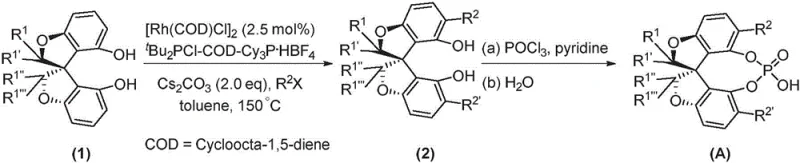 Overall preparation route of Oxaspiro Chiral Phosphoric Acid showing Rh-catalyzed arylation and phosphorylation steps