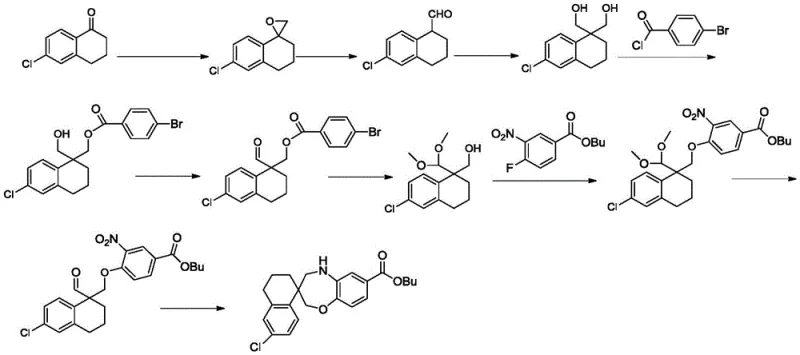 Prior art synthetic route showing lengthy steps and complex reagents