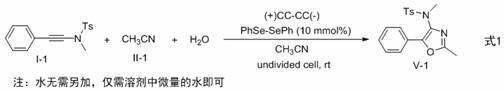 Specific example of electrocatalytic synthesis yielding product V-1 with 81% yield