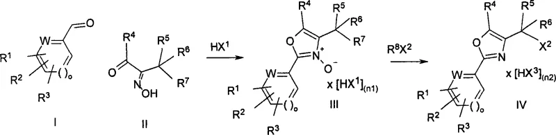 General reaction scheme showing condensation of aromatic aldehyde and alpha-ketoxime to N-oxide followed by activation to halomethyloxazole