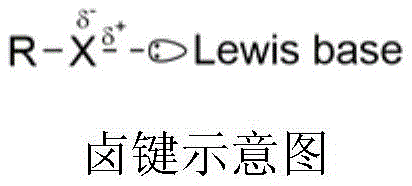 Schematic representation of halogen bond interaction showing electrophilic halogen atom forming directional bond with Lewis base