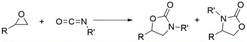 Chemical reaction scheme showing epoxide reacting with isocyanate to form oxazolidinone products