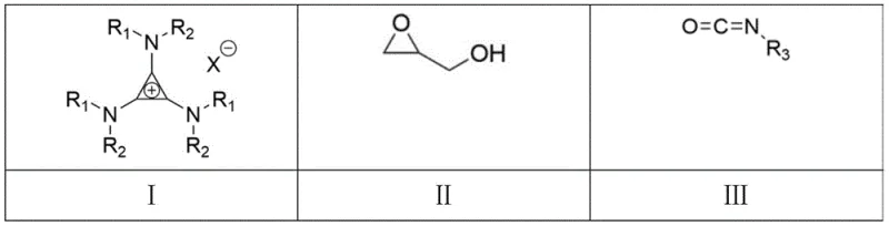 General reaction scheme showing glycidol and isocyanate reacting under TDAC catalyst to form oxazolidinone