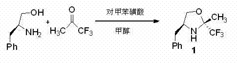 Reaction scheme showing the condensation of L-phenylalaninol and trifluoroacetone to form the chiral oxazoline catalyst