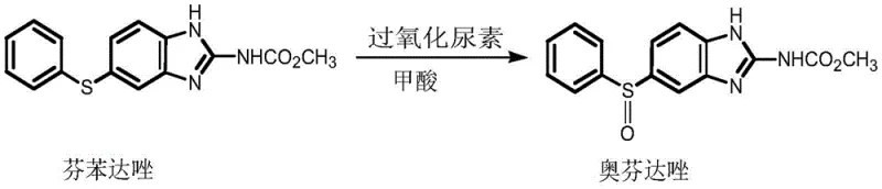 Reaction scheme showing the oxidation of Fenbendazole to Oxfendazole using Urea Peroxide in Formic Acid