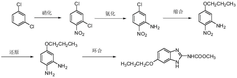 Novel Oxibendazole synthesis route starting from m-dichlorobenzene showing nitration ammonification and clean reduction