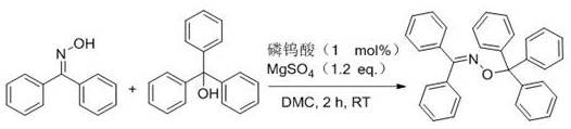 Specific example of benzophenone oxime reacting with triphenylmethanol to form benzophenone O-trityl oxime