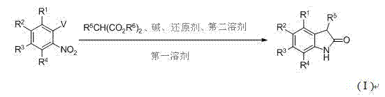 General reaction scheme for one-pot tandem synthesis of oxindole from substituted o-nitrohalobenzene and malonate