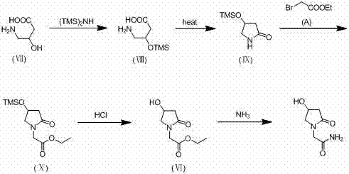 Conventional Oxiracetam synthesis route using TMS protection showing liquid intermediates and complex purification