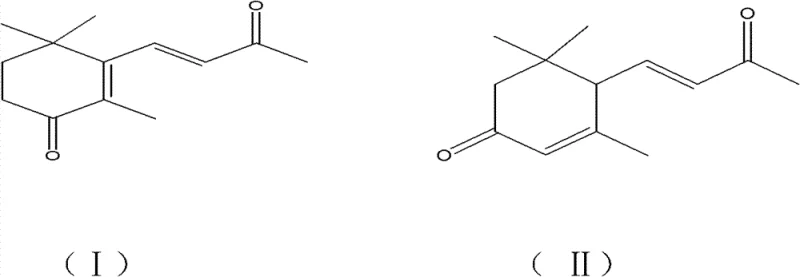 Chemical structures of 4-oxo-beta-ionone (I) and 3-oxo-alpha-ionone (II) showing the ketone functionalization on the ionone ring