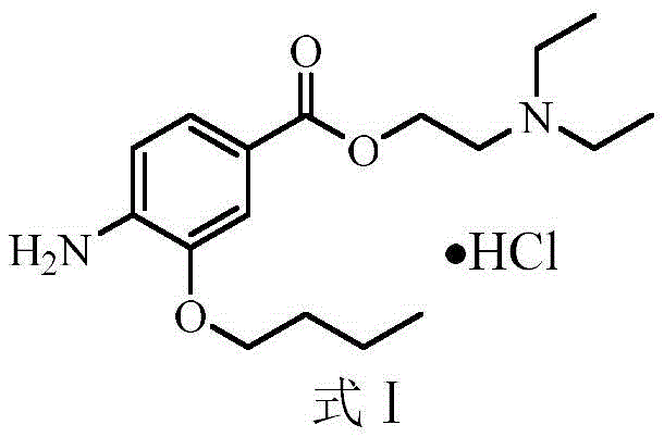 Chemical structure of Oxybuprocaine Hydrochloride (Formula I) showing the benzoate ester and amine salt