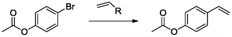 Core reaction scheme showing the coupling of 4-acetoxybromobenzene with a vinyl boron compound to form p-acetoxystyrene