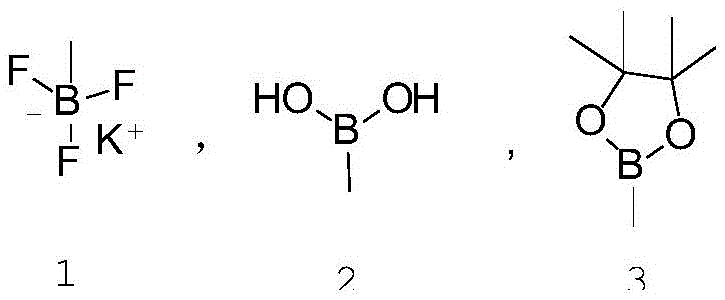 Structures of compatible vinyl boron reagents including potassium vinyltrifluoroborate and vinylboronic acid