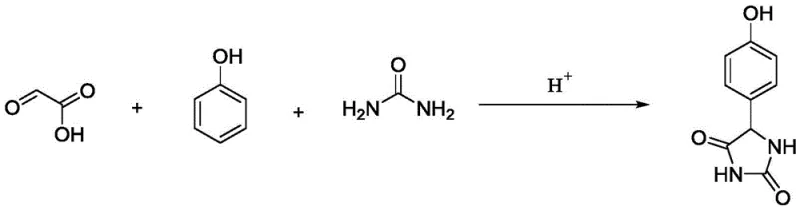 Reaction scheme showing the condensation of glyoxylic acid, phenol, and urea catalyzed by solid acid to form p-hydroxyphenylhydantoin
